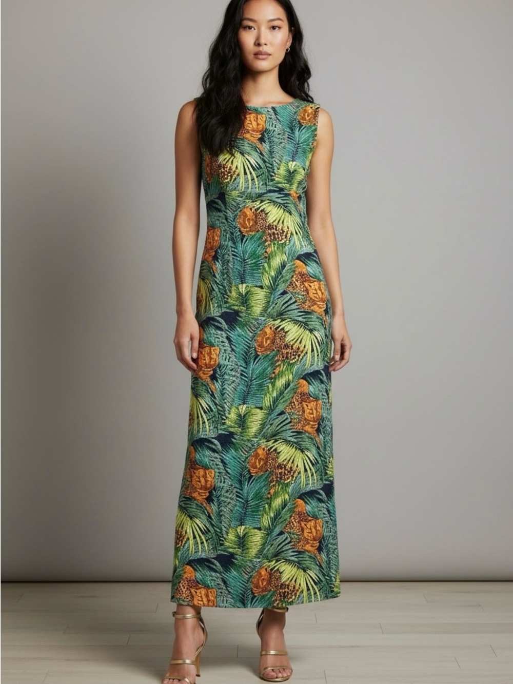 90s LEOPARD Animal Print Tropical Jungle Sleeveless Maxi Dress | L